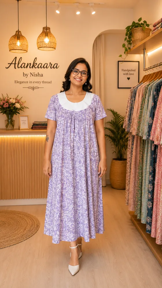Lavender Floral Nighty with Hakoba Patch — purple nighty by Alankaara by Nisha