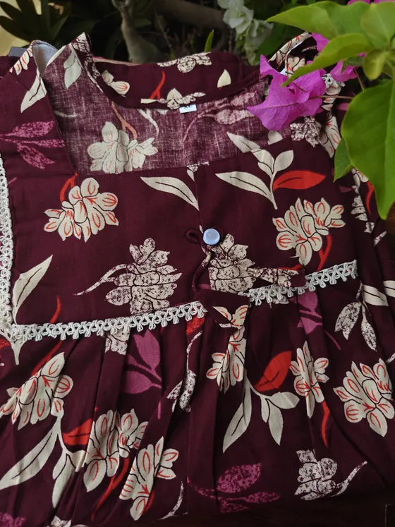 Maroon Nighty with Neck lace border. — Maroon nighty by Alankaara by Nisha