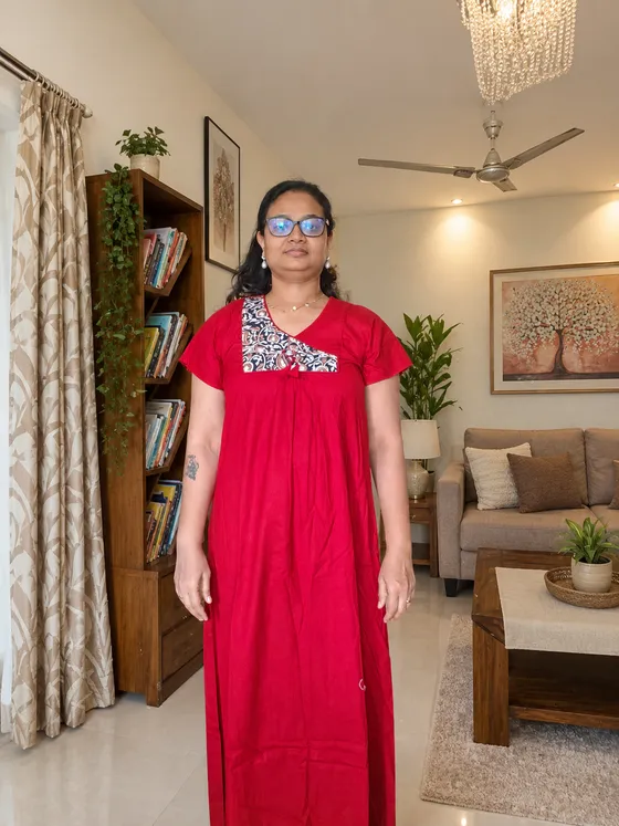 Reddish Maroon Cotton Nighty with Kalamkari Chest Design — Maroon nighty by Alankaara by Nisha
