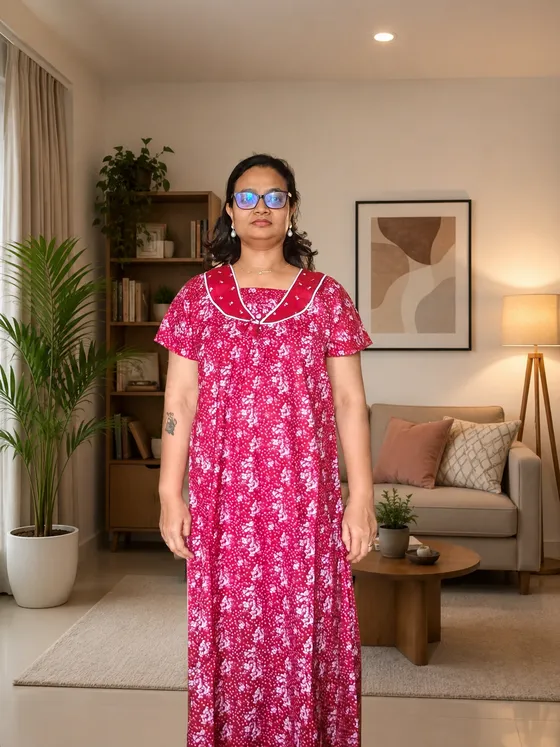 Red Floral Print Nighty – Soft & Comfortable Daily Wear — Maroon nighty by Alankaara by Nisha