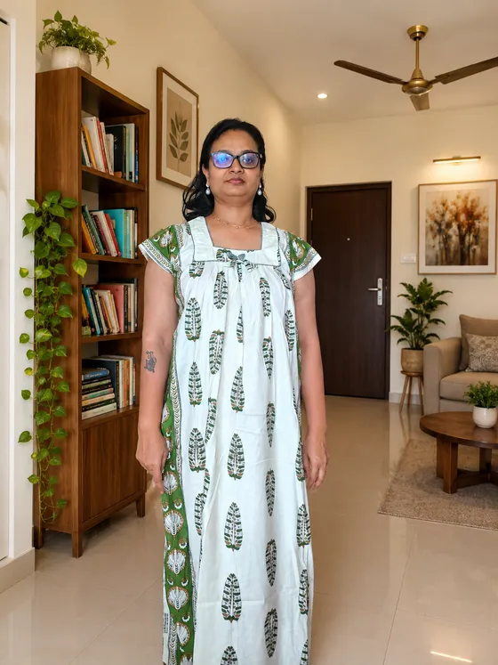 Green Leaf Motif Block Print Nighty – Relaxed Fit Maxi Dress (L-XXL) — Green nighty by Alankaara by Nisha