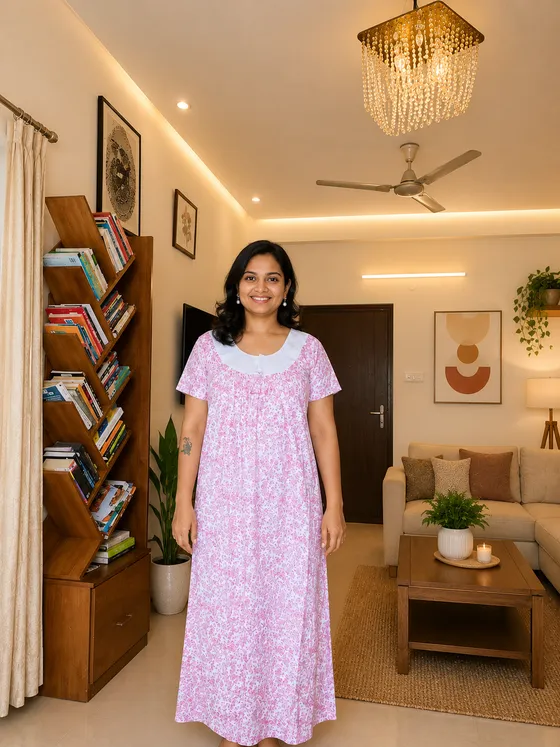 Pink Floral Cotton Nighty — Pink nighty by Alankaara by Nisha