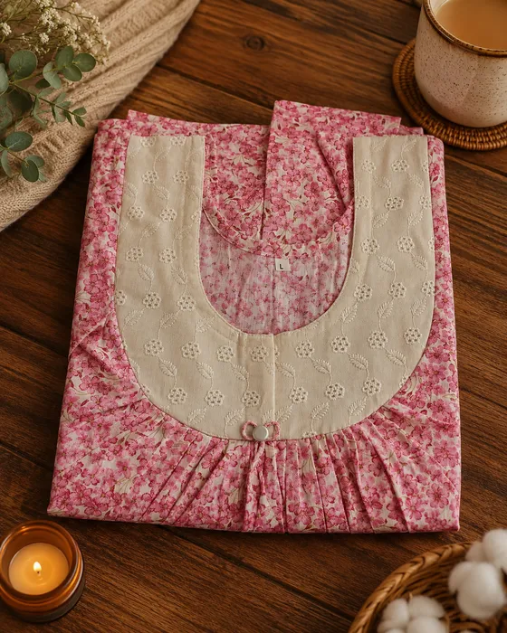 Pink Floral Cotton Nighty — Pink nighty by Alankaara by Nisha (view 2)
