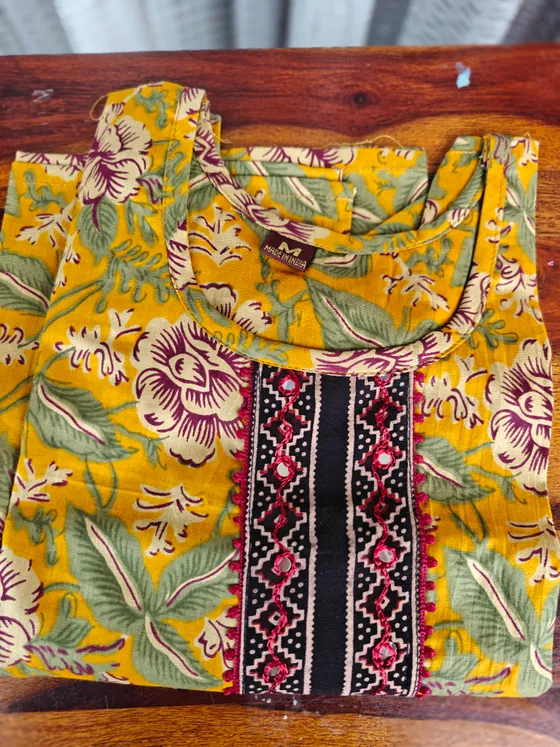 Mustard Floral Printed Cotton Kurti – Elegant Everyday Ethnic Wear — yellow short top by Alankaara by Nisha