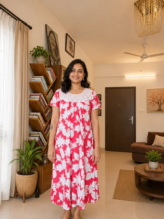 Red & White Floral Printed Nighty with Lace Yoke — Red frock nighty by Alankaara by Nisha