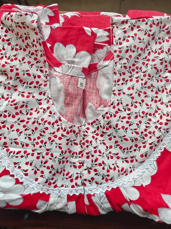 Red & White Floral Printed Nighty with Lace Yoke — Red frock nighty by Alankaara by Nisha (view 2)