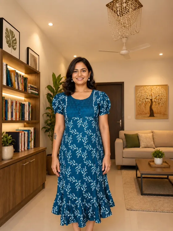 Blue Floral Print Nighty – Comfortable Everyday Wear — Blue frock nighty by Alankaara by Nisha