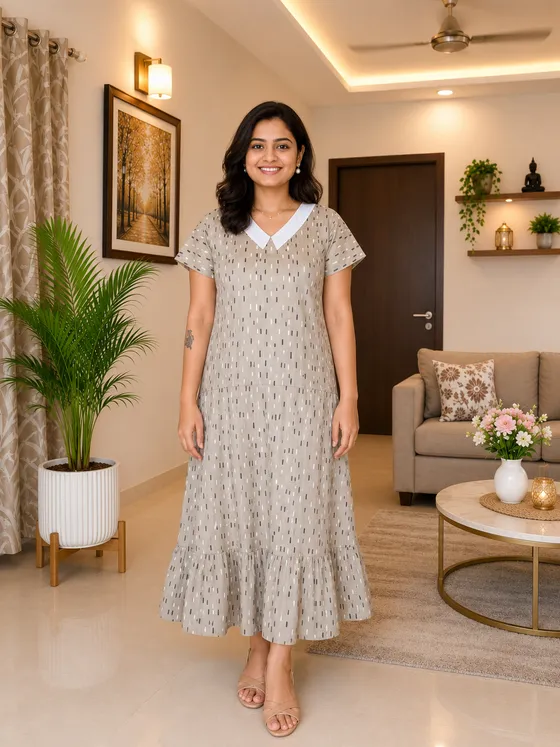Light Green Printed Nighty with Peter Pan Collar — Green frock nighty by Alankaara by Nisha