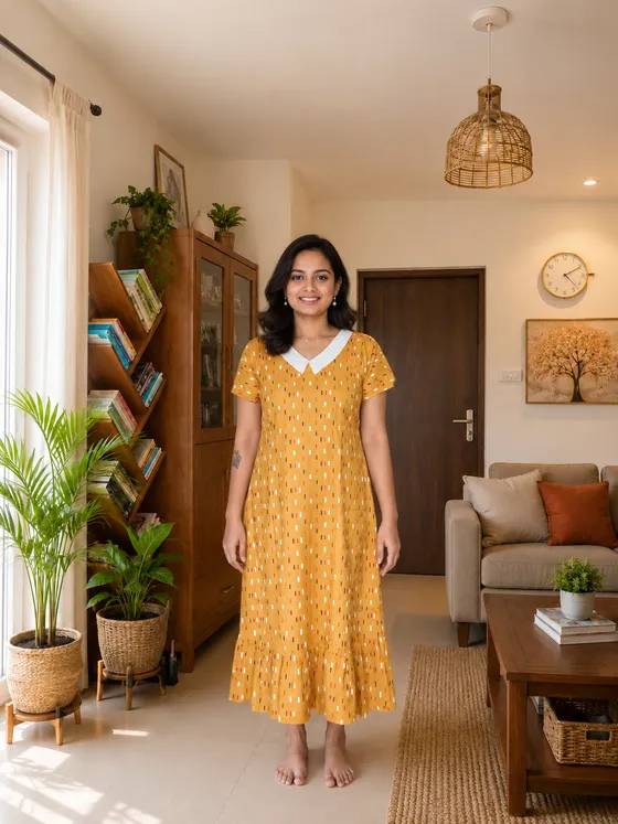 Mango Yellow Printed Frock Nighty with Peter Pan Collar — yellow frock nighty by Alankaara by Nisha