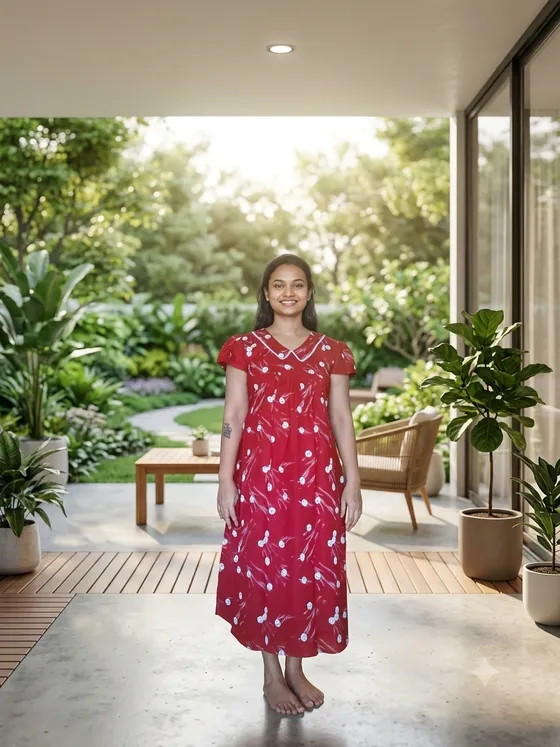 Red Printed Nighty with Peter Pan Collar — Red frock nighty by Alankaara by Nisha