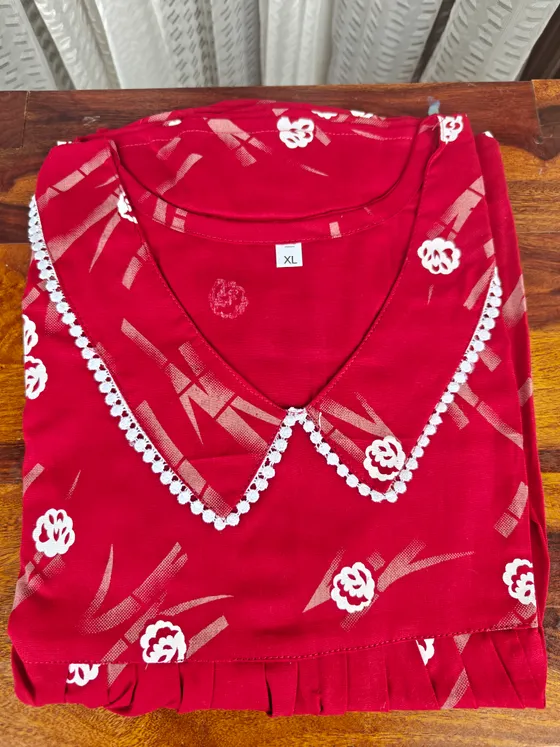 Red Printed Nighty with Peter Pan Collar — Red frock nighty by Alankaara by Nisha (view 2)