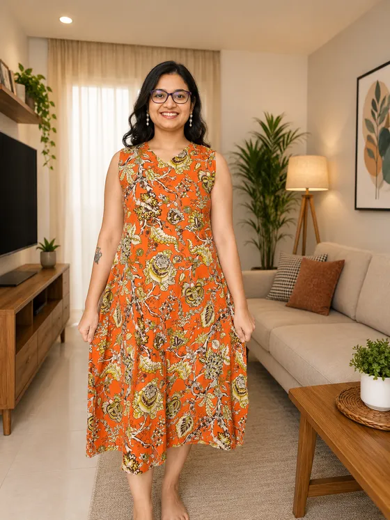 Orange Floral Sleeveless Cotton Dress — yellow kurti by Alankaara by Nisha