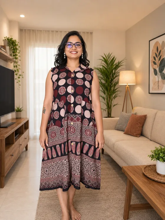 Ethnic Hand Block Dress featuring Mandala & Polka Dot Patterns — Black kurti by Alankaara by Nisha