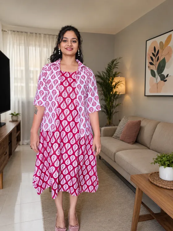 Jaipur Hand Block Leaf Print Layered Dress with Matching Jacket — Pink kurti by Alankaara by Nisha