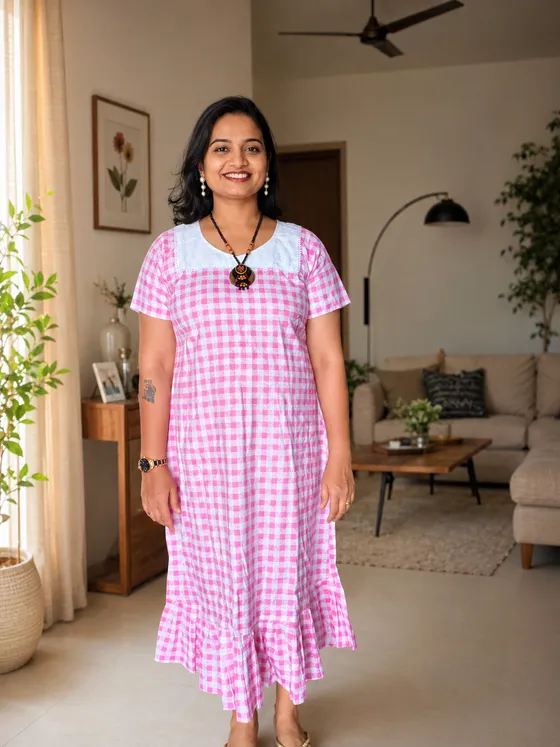 Pretty Pink Check Print Relaxed Fit Dress — Pink frock nighty by Alankaara by Nisha