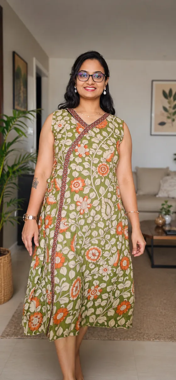 Olive Green Floral Print Angrakha Midi Dress — Green kurti by Alankaara by Nisha