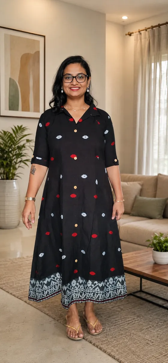 Elegant Black Handloom Ikat Flared Kurta Dress — Black kurti by Alankaara by Nisha