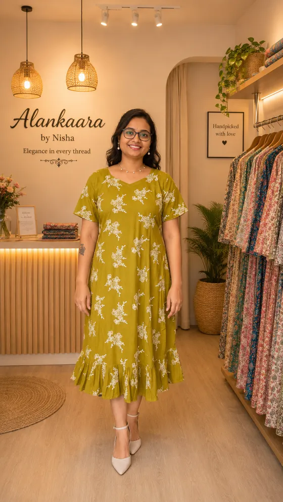 Olive Floral Printed Midi Dress — yellow frock nighty by Alankaara by Nisha