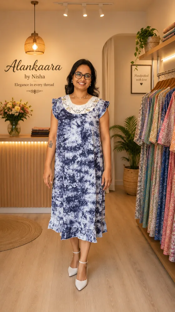 Elegant Blue Tie-Dye Midi Dress with Embroidered Neckline — Blue kurti by Alankaara by Nisha