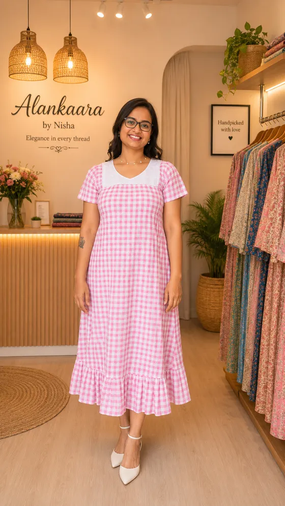 Pink Gingham Midi Dress with Lace Neckline — Pink frock nighty by Alankaara by Nisha