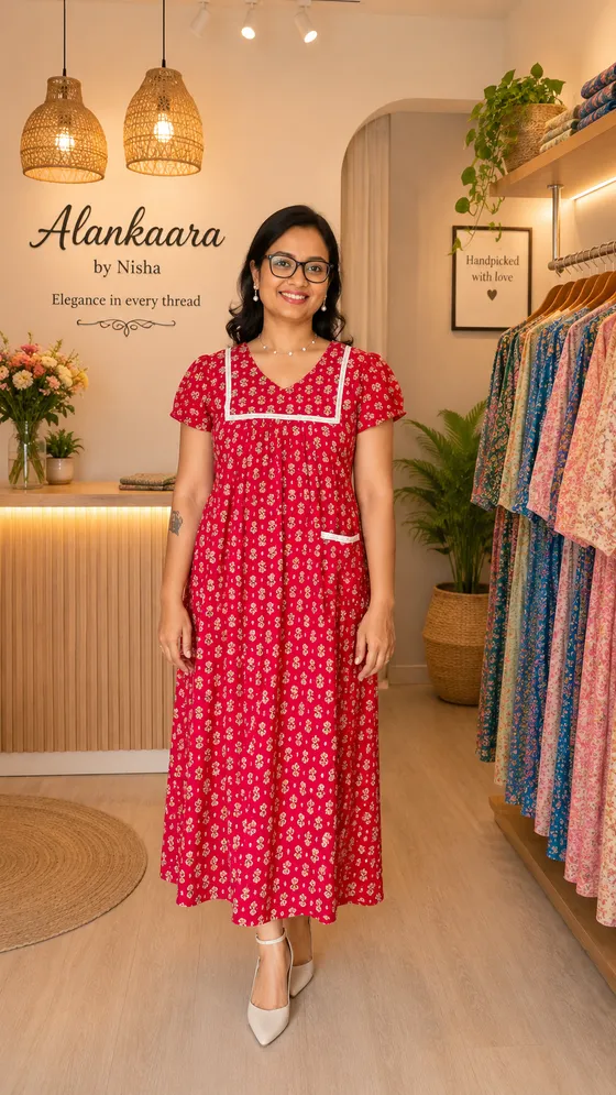 Ruby Red Printed Maxi Dress with Lace Trim Details — Red frock nighty by Alankaara by Nisha
