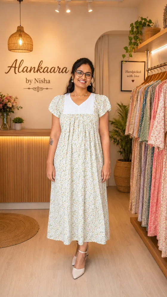 Pastel Mint & Off-White Printed Maxi Dress with Lace Yoke — Green frock nighty by Alankaara by Nisha