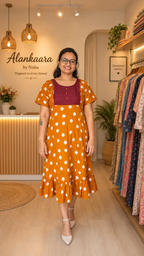 Mustard Yellow Floral Midi Dress with Embroidered Yoke — Orange frock nighty by Alankaara by Nisha